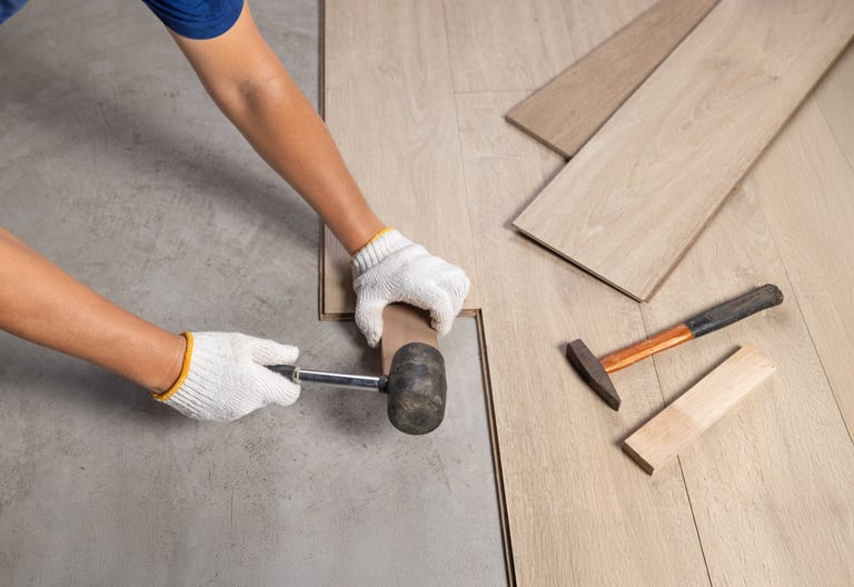 Vinyl floor installation in progress